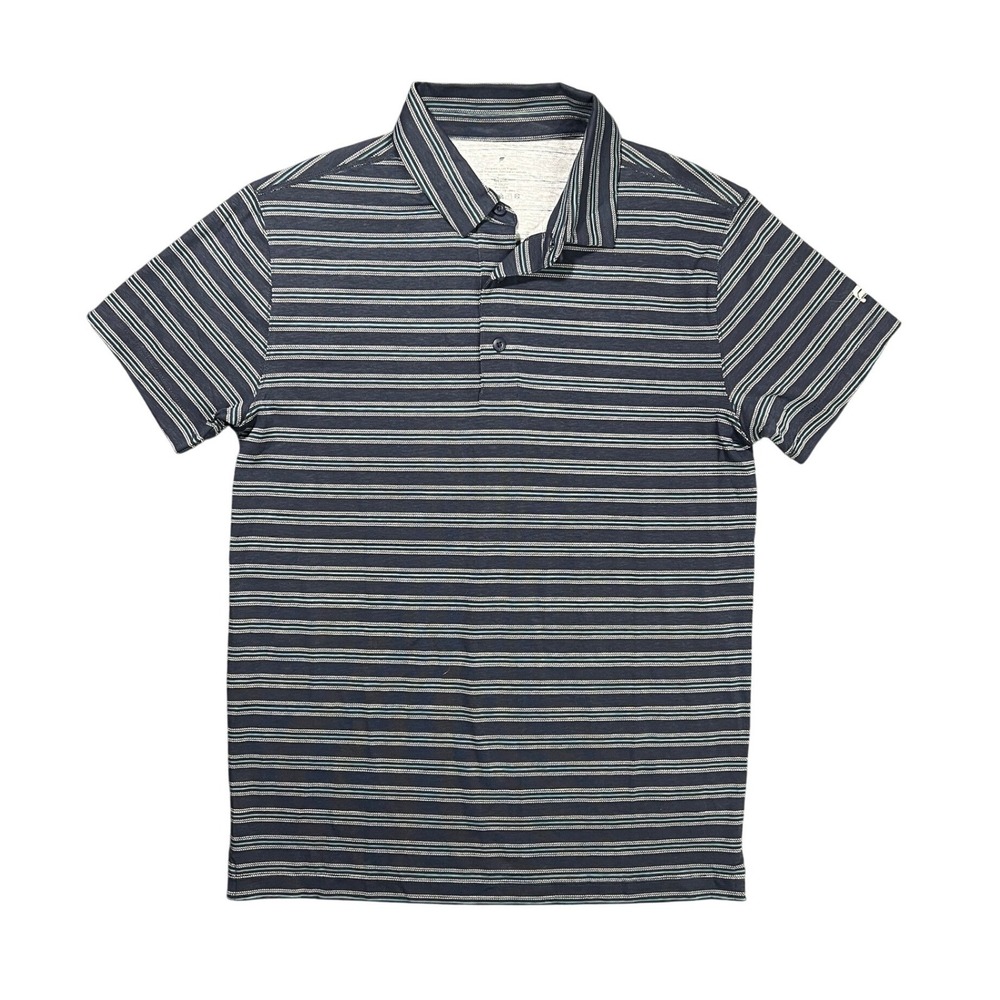 NWT Fabletics‎ 24-7 Polo Shirt Men's XS Navy Blue Striped Stretch Sweat Wicking